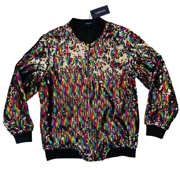 Cresay Sequin Bomber Jacket Size XL Multicolor 80s Disco Glam Festival Style - Picture 2 of 15